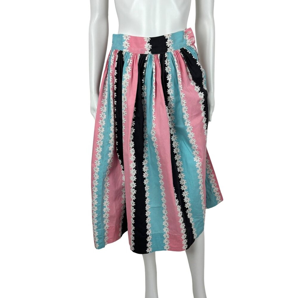 Vintage 50s Floral Skirt Women's Extra Small Pink Blue Cotton Print High Waist - Picture 2 of 10
